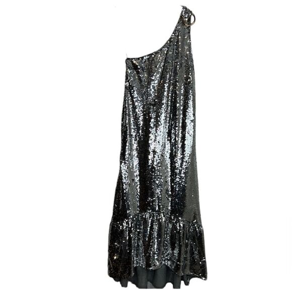 NEW Anthropologie Maeve Sequin One Shoulder Ruffle Midi Dress Silver - Picture 6 of 13